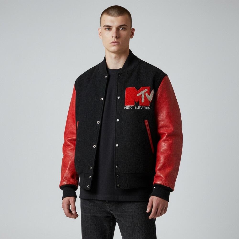 Rare 80s Vintage MTV Music Television Wool Red Leather College Jacket Mens M